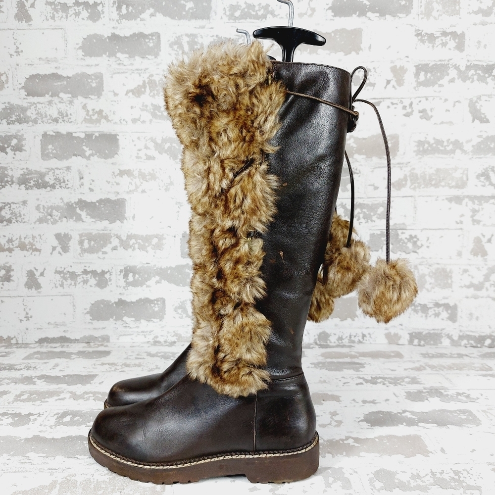 Lands End Tall Dark Brown Leather Faux Fur Winter Boots T324